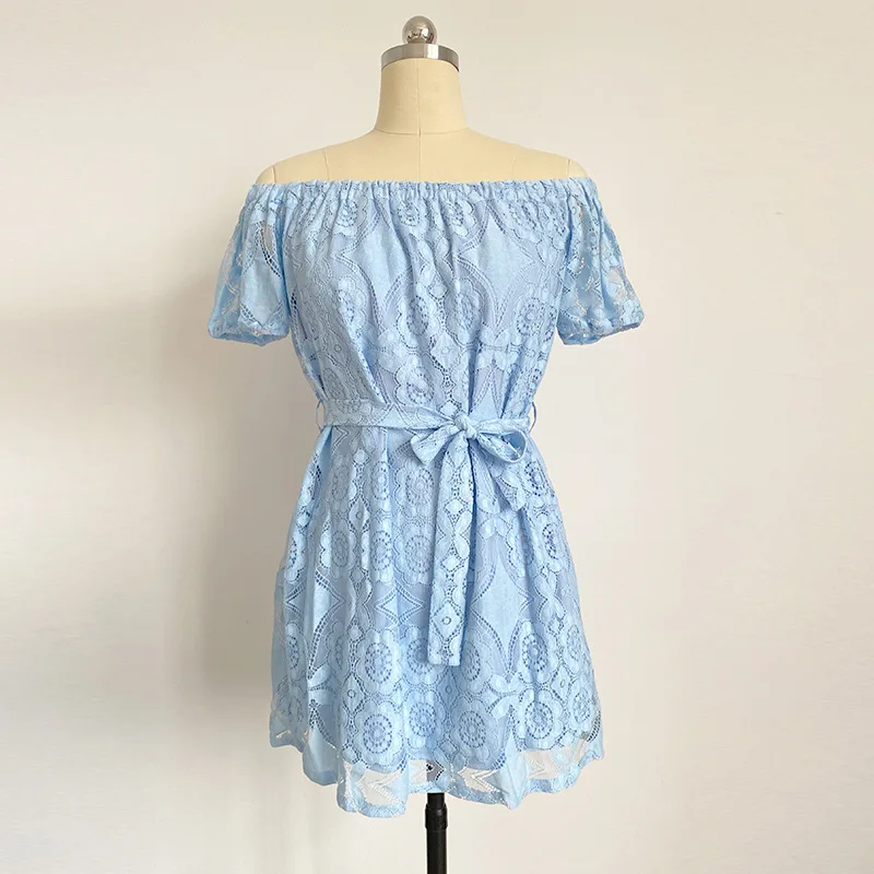 

2021 new women's sexy embroidery lace short sleeve one neck dress