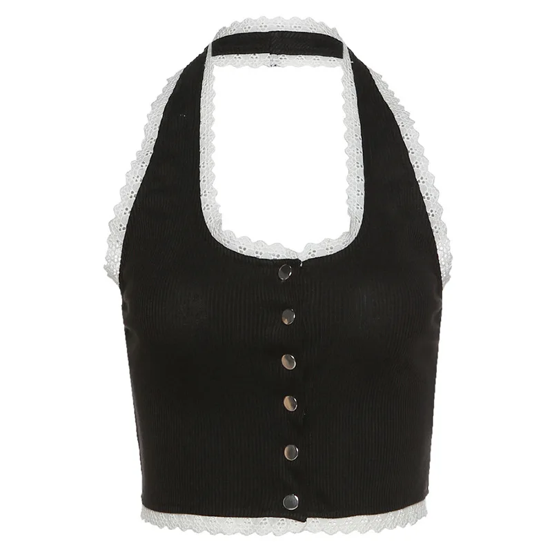 

Halter Crop Tops Sweet E-girl Y2k Lace Hem Patchwork Sexy Tank Top With Button Knitted Black Grey Women Summer Female Clothes