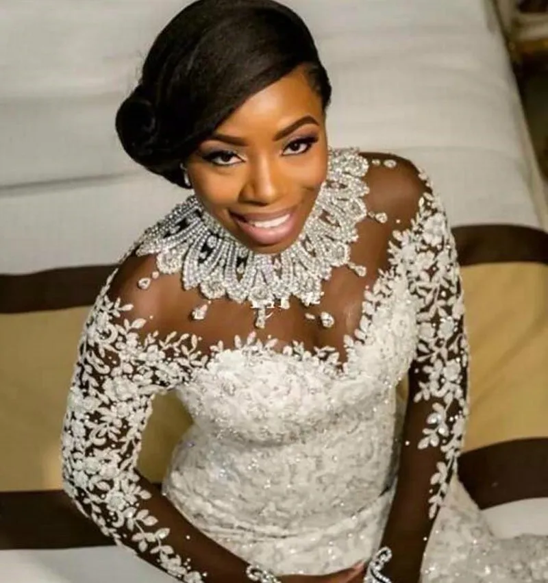 

Luxury African White Mermaid Wedding Dresses Arabic Plus Size Lace Bridal Gowns Pearls Long Sleeve Illusion Robe De Mariee