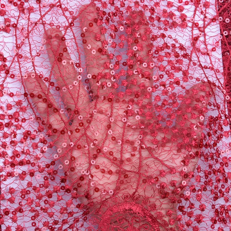 Высококачественная французская сетчатая кружевная ткань с блестками красная