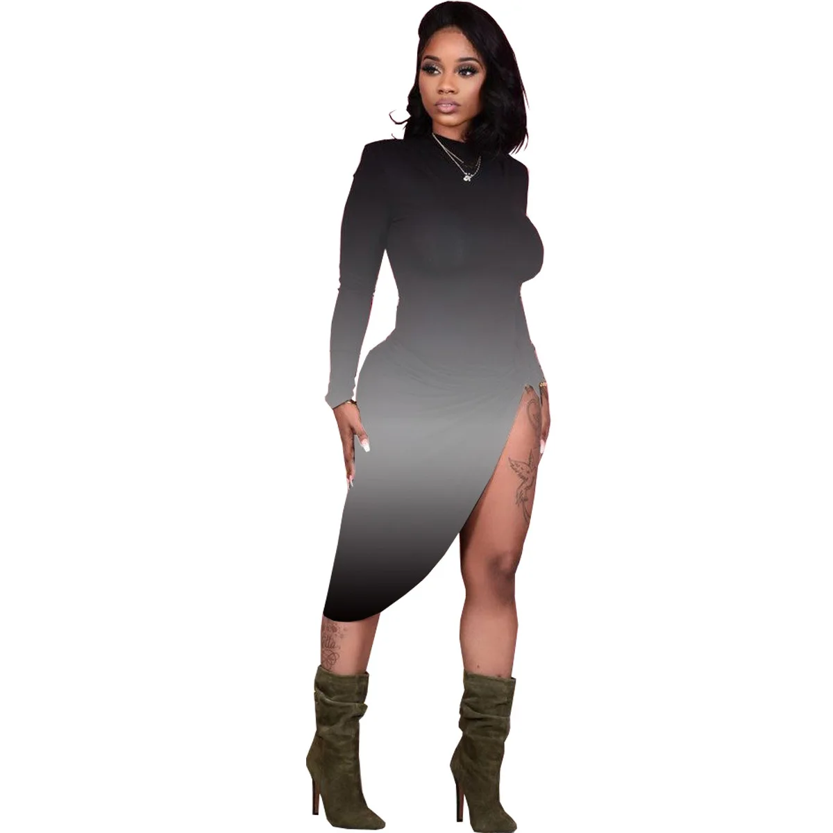 

2021 New Fashion Mid Long Sleeve Pullover Gradient Print Women Dress