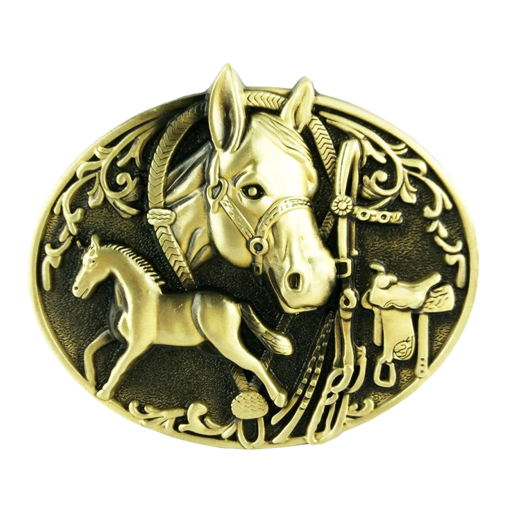 

Retro Men's Western Two Horse Belt Buckle Cowboy Engraved Metal Oval Belt Buckles