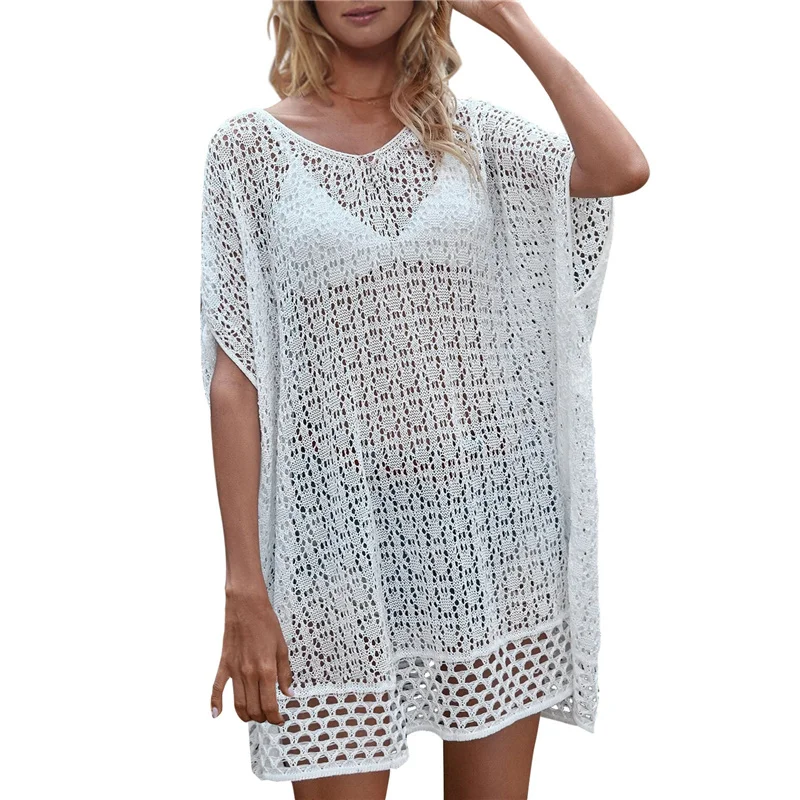 

Женская пляжная одежда 2021, однотонная прозрачная блузка с круглым вырезом и рукавами «летучая мышь», накидки для бикини на лето, черный/белы...