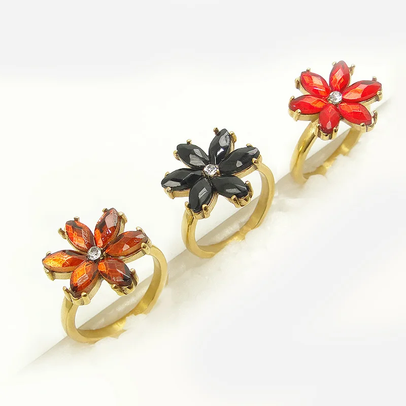 DICARLUN stainless steel flower rings for women black red crystal ring gold jewelry brown zircon rhinestone female girl gifts | Украшения и