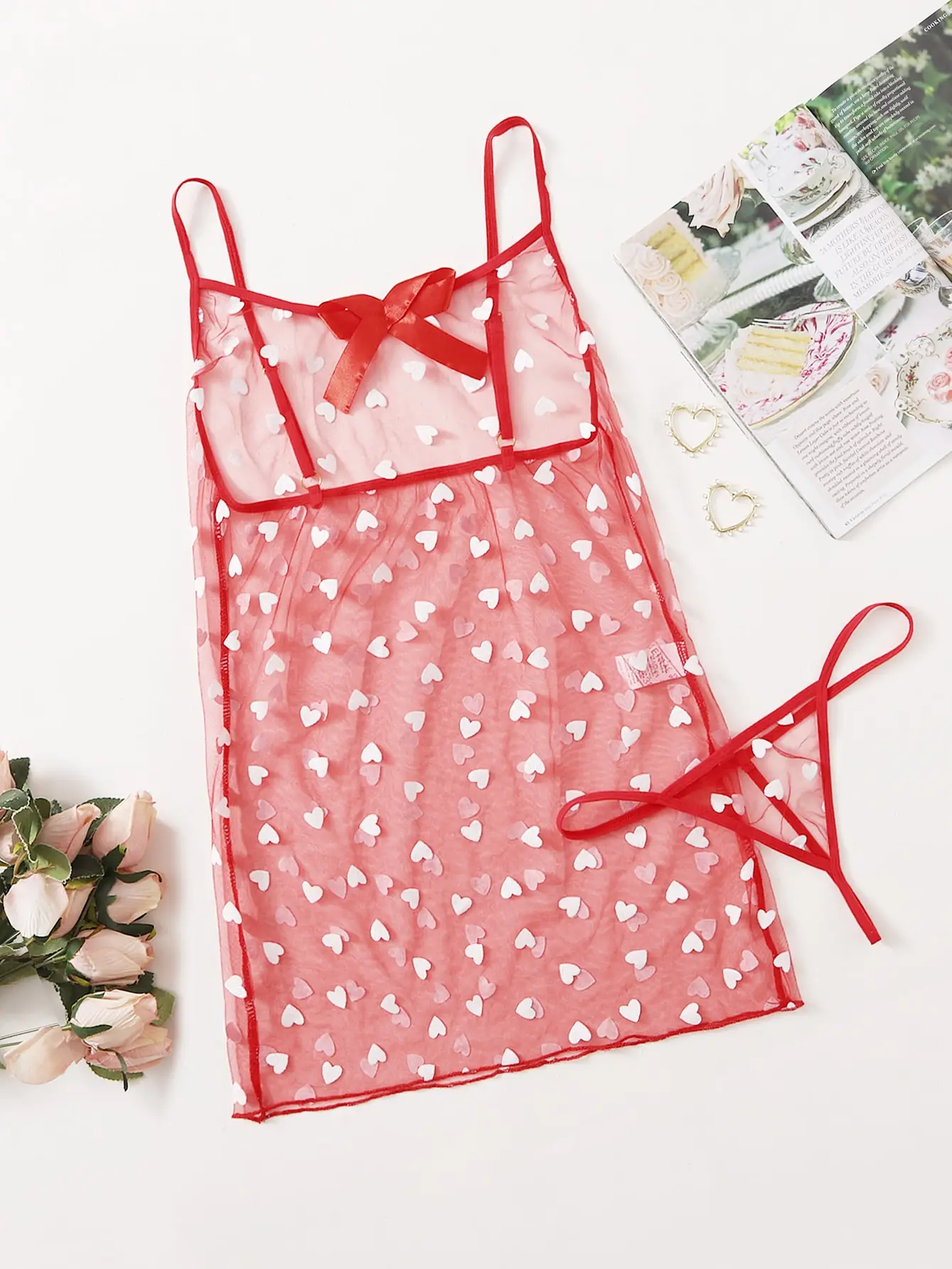 

New Sexy Lingerie Set Female See-Through Red Love Bowknot Nightdress Two-Piece