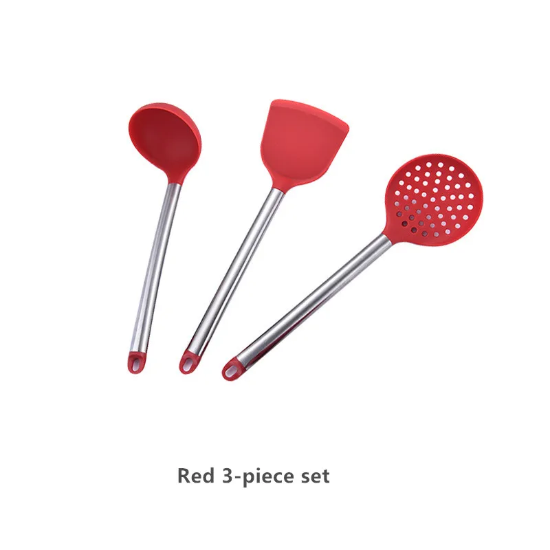 Red 3-piece set Набор инструментов для приготовления пищи, силиконовый кухонный высококачественный термостойкий набор посуды, щипцы, лопатка, ложка с ящиком для хранения, Тернер - Цвет: Red 3-piece set