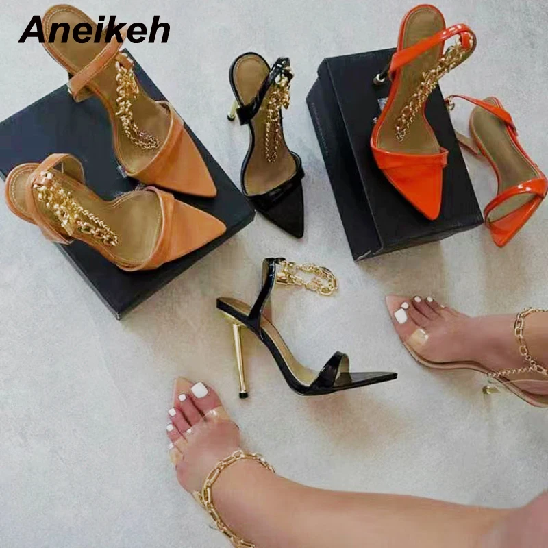 

Aneikeh 2022 NEW Summer Women's Shoes Patent Leather Party Metal Decoration Slip-On Fashion Sexy Sandalias Mujer Wedding Shallow