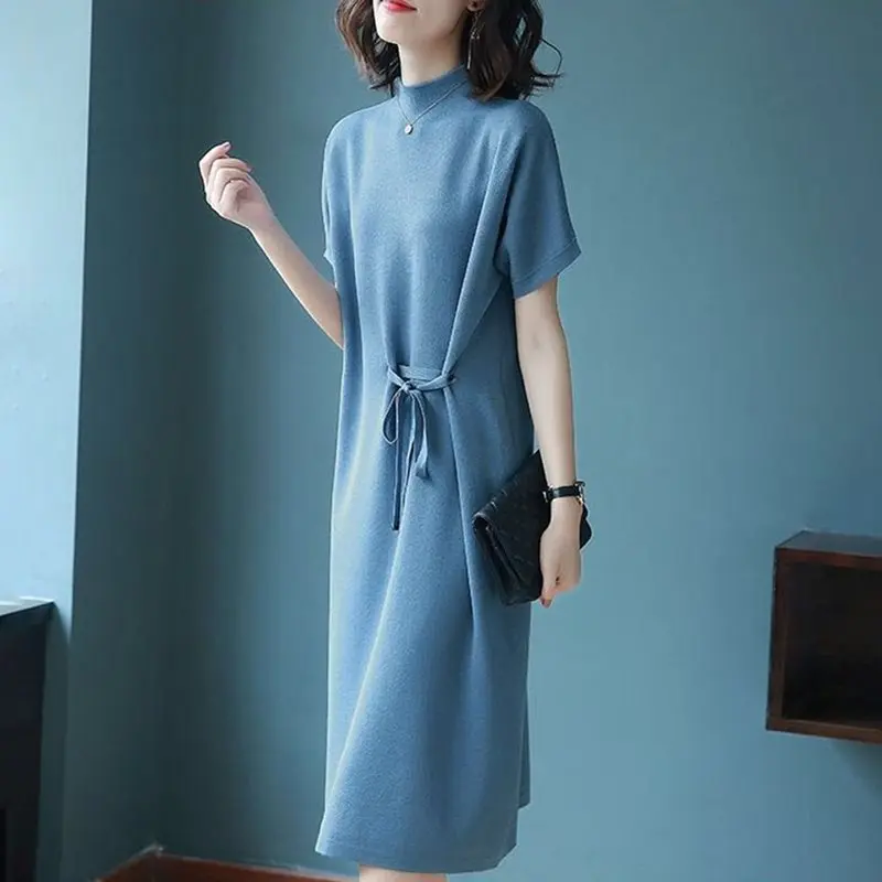 Женское трикотажное платье макси в Корейском стиле голубое повседневное