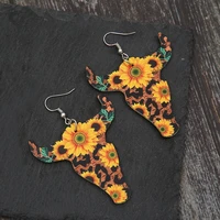 wholesale pu leather ox head sunflower earrings for women new fashion cattle buffalo head drop earrings jewelry free shipping