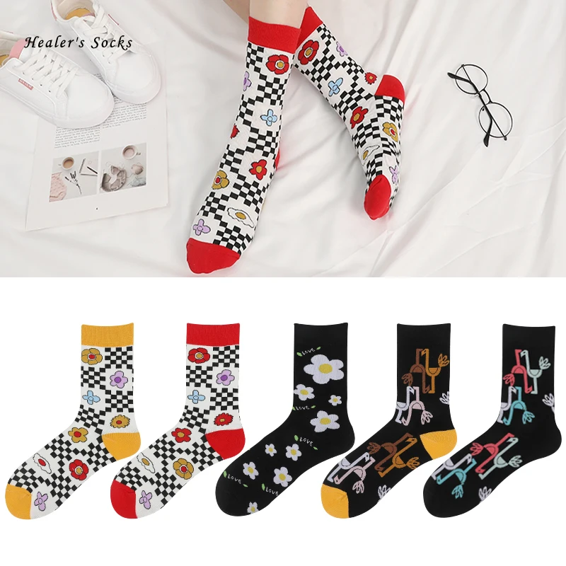 

High Quality Hot Fashion Women Socks Cotton Color Flower Bird Cute Harajuku Soft Art Funny Happy Japanese Retro Girls Tube Socks