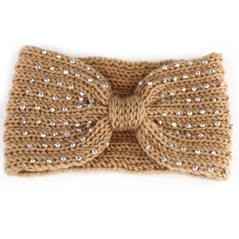 2021 New Winter Warmer Ear Knitted Headband Bow Rhinestone Headwear For Women Girls European Solid Turban Hair Band Head Warp |