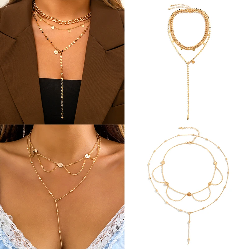 

Punk Minimalism Clavicle Chain Choker Necklace For Women Long Tassel Pendant Multi Layer Thin Chains Geometric sequins Jewelry