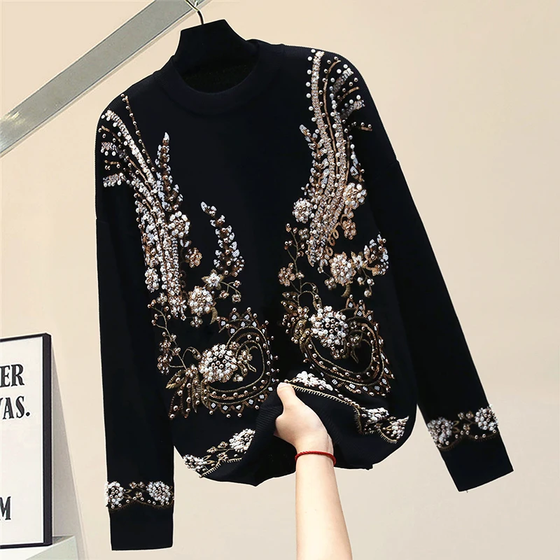 

Embroidery Beaded Petals Pullovers Knitted Top 2021 New Autumn Winter Black Long Sleeve Sweater Women O-neck Knitting Jumpers