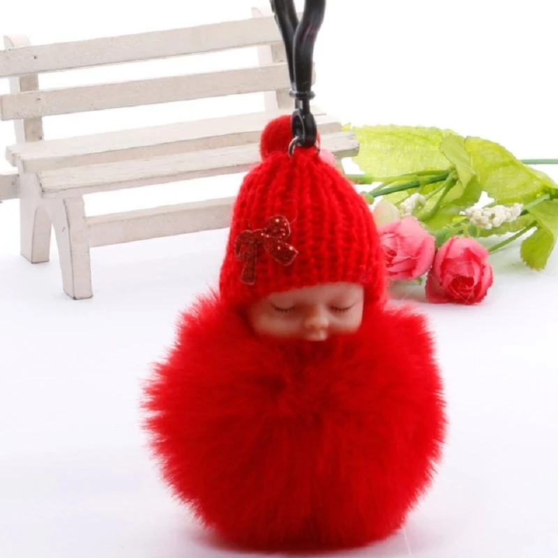 10pcs Baby Doll Toy Cute Sleeping Key Chains For Women Bag Ring Fluffy Pom pom Faux Fur Plush Keychain | Дом и сад
