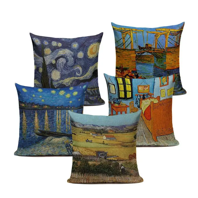 

Vintage Decorative Cushion Covers Moon Star Cushion Cover European Classical Art Van Gogh Oil Painting Pillow Akita Home Decor