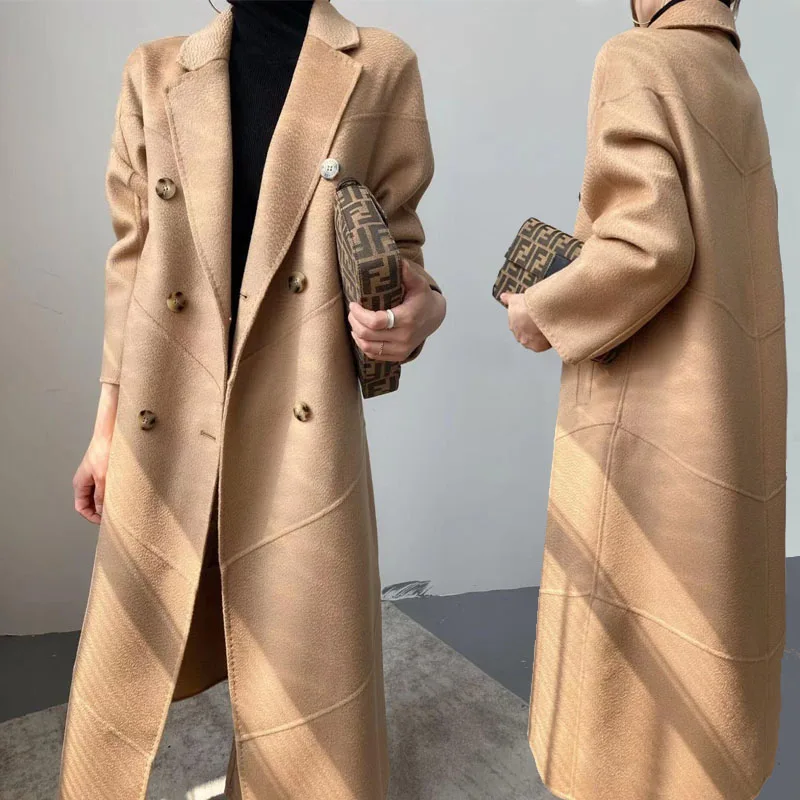 

Осенне-зимнее однотонное двубортное кашемировое пальто в волнистую полоску женское двубортное шерстяное пальто средней длины с лацканами ...