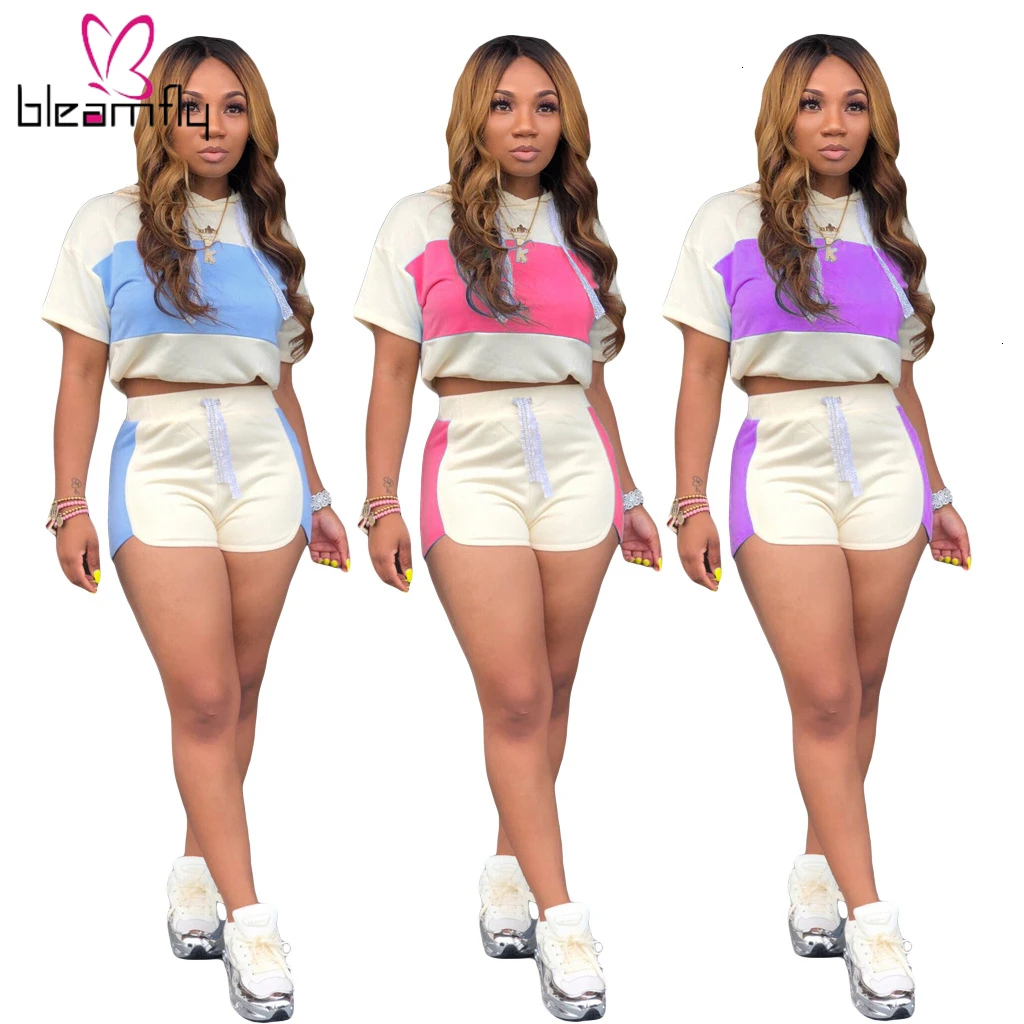 2019 женские летние толстовки с коротким рукавом Тренч топы и шорты в стиле пэчворк