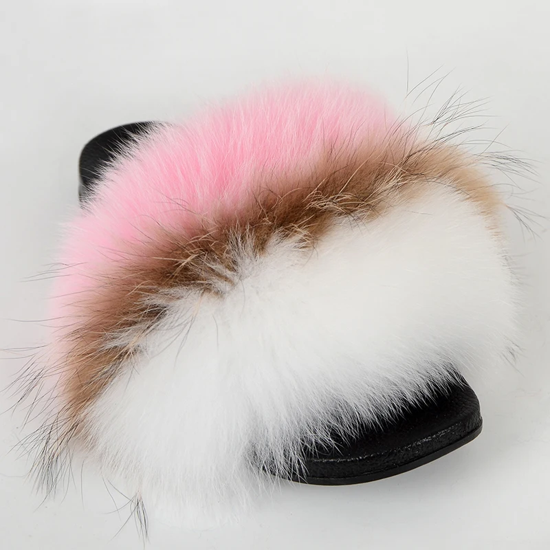 Женские меховые шлепанцы пушистые плюшевые из лисьего меха летние