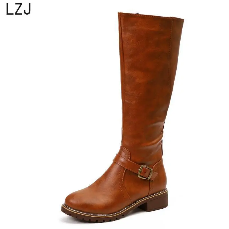 LZJ; Лидер продаж; Новое поступление; сапоги для верховой езды; зимние сапоги до колена на меху на среднем квадратном каблуке и платформе; женские мотоциклетные сапоги; рабочие сапоги