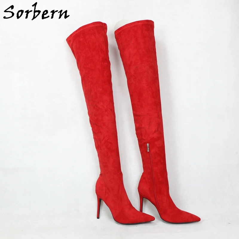 

Sorbern Sexy Red Pointed Toe High Heel Boots Women Stilettos 12Cm Big Size Mid Thigh High Boots Over The Knee More Colors