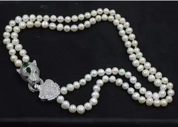 

2rows freshwater pearl white near round 8-9mm +green leopard clasp 17-19inch necklace wholesale