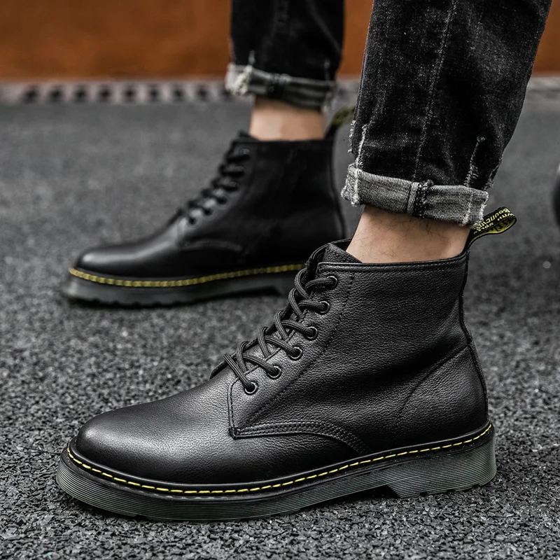 

Мужские зимние черные ботинки Martin и кашемировые модные хлопковые ботинки с высоким берцем обувь для инструментов в британском стиле для па...