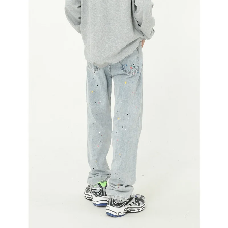 Paint Blue Jeans Mens Printed Autumn Straight Wide Leg Jeans Loose Baggy Man Streetwear Clothing Trousers Designer Denim Jeans