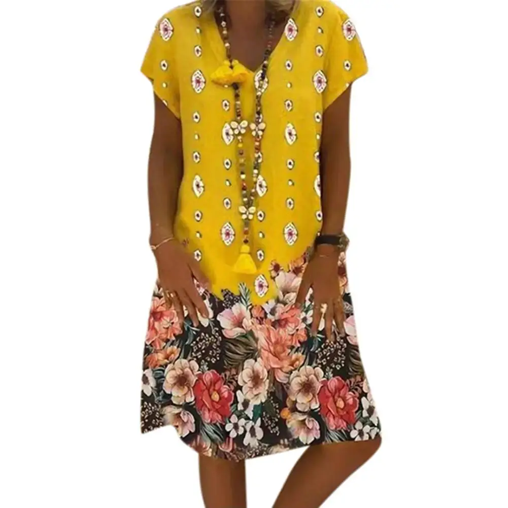 

Puls size Women Dress Vintage Summer Short Sleeve V Neck Floral Print Loose Knee-length Dress flower Print Dress женское платье