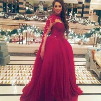 vestido de noiva 2018 burgandy high collar appliqued beaded long sleeve ball prom evening gown red mother of the bride dresses