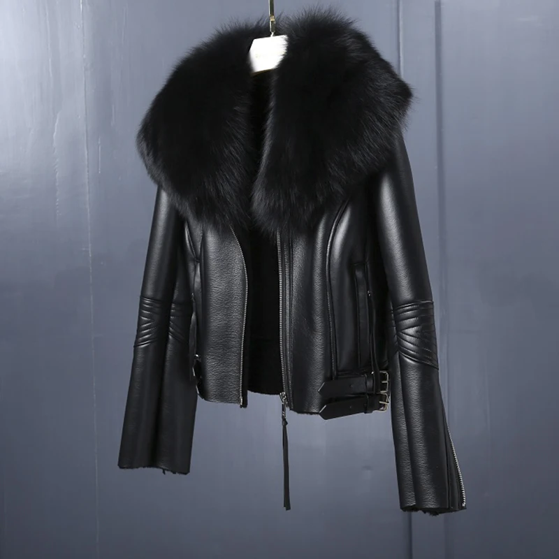 LAVELACHE Women Winter Real Fur Coat Genuine Sheepskin Leather Jacket Whole Skin Large Real Fox Fur Collar Fashion Outerwear