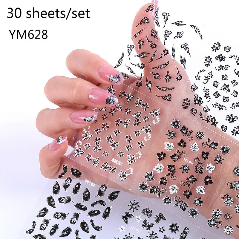 30 листов/Набор 3D наклейки для ногтей случайные красочные с черными и белыми