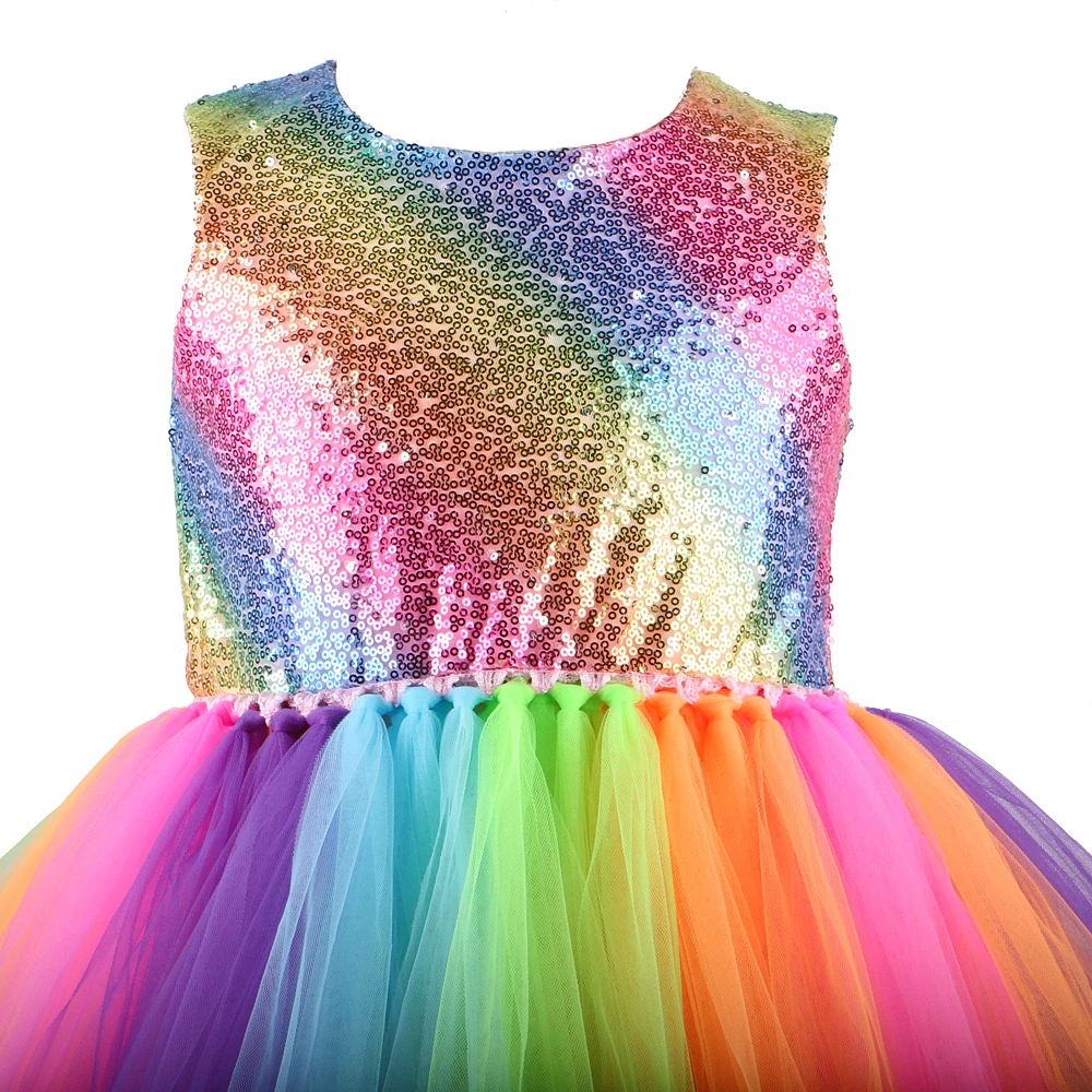 Радужное платье принцессы с пайетками для девочки низким вырезом на спине