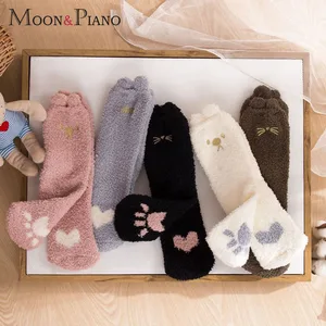 Женские зимние японские кораллы с вышивкой в виде животных, бархатные толстые теплые кровати с ушками, домашние пушистые носки, Коралловый Бархатный Чехол для ног