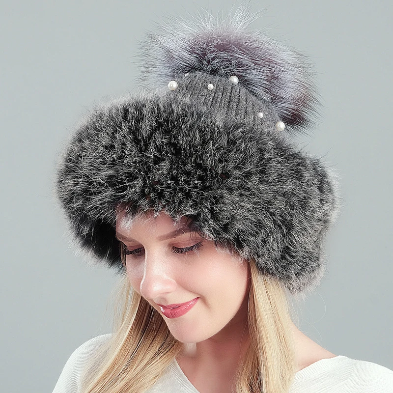 

HT3275 High Quality Real Fur Hat Thick Warm Fur Pearl Knitted Hat Women Big Fur Pompom Skullies Beanies Female Fur Beanie Hat
