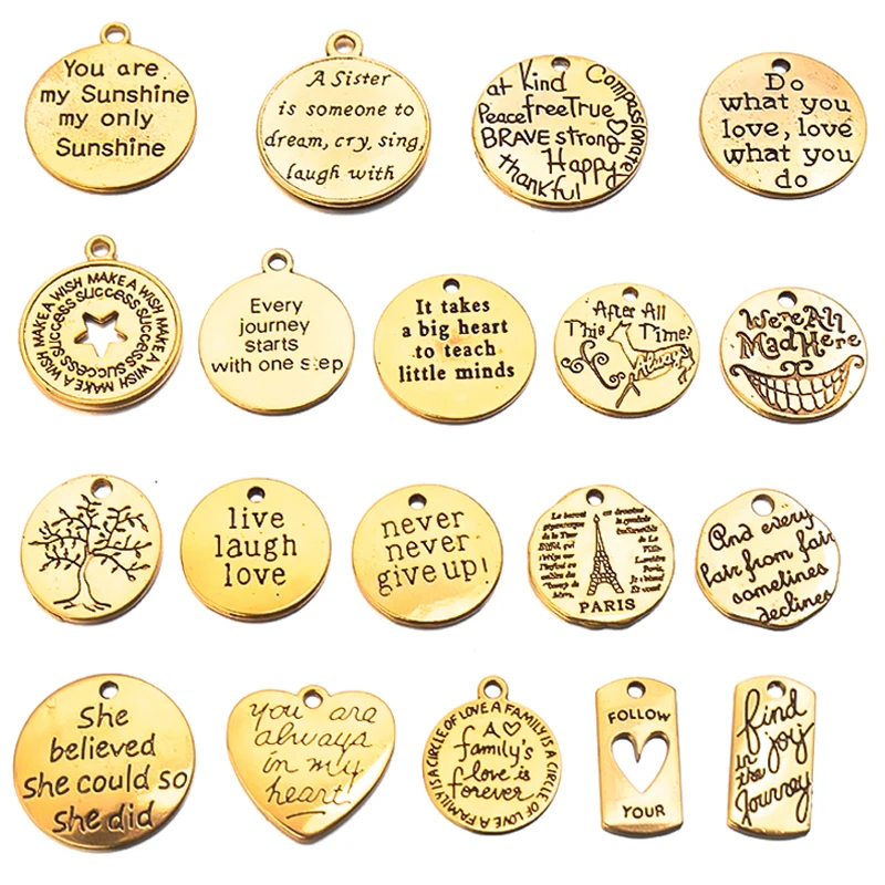 

20pcs/lot Inspirational Word Tags Pendant Charms Gold Color Blessed Fearless Dream Hope Charms Alloy Jewelry Making Accessories