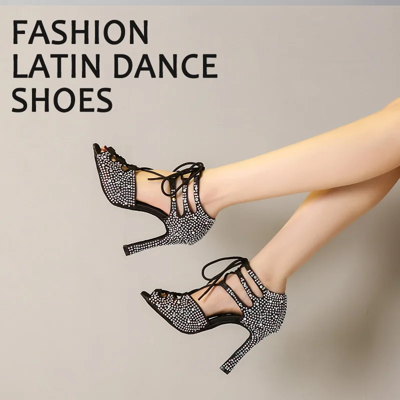 New HROYL Fashion Strip latin dance shoes for women High heels Rhinestone ballroom dance shoes sexy Hollow suede comfortable