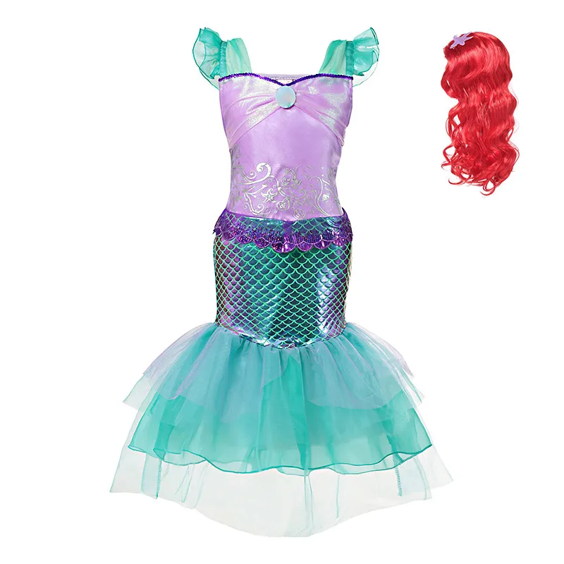 Dress and Wig Comic Con/Костюм Русалки для косплея для девочек; летняя праздничная одежда для макияжа; детский наряд принцессы Ариэль на Хэллоуин - Цвет: Dress and Wig