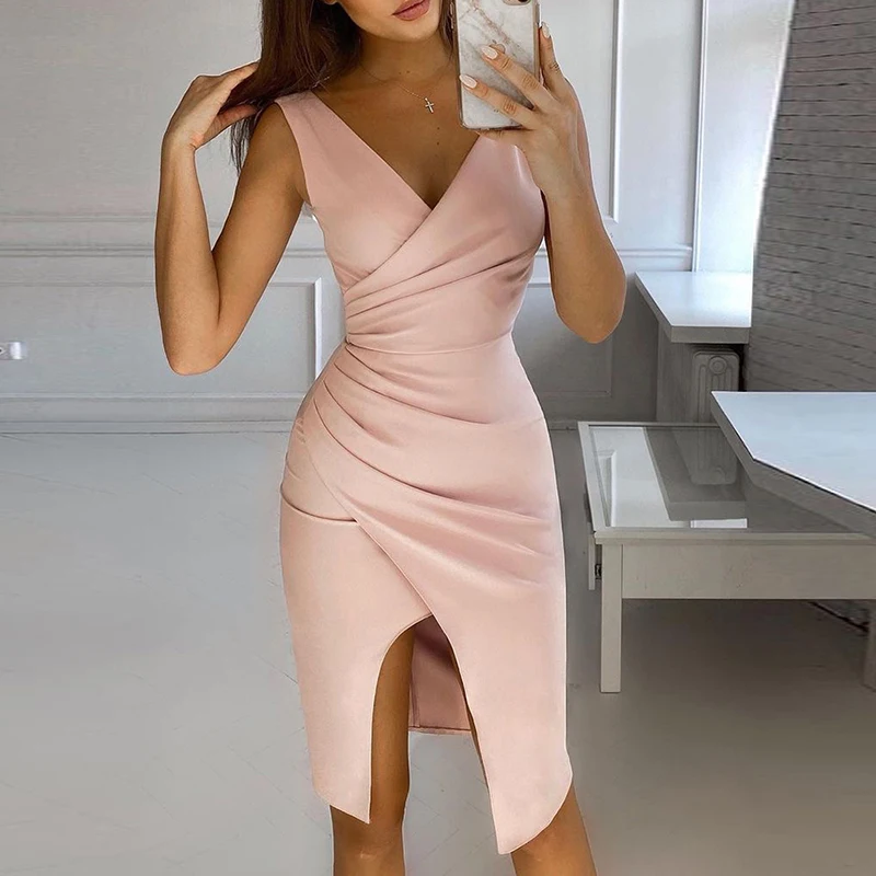 

2021 Office Lady Drape Bodycon Dress Vestido Summer Elegant Sleeveless Solid Party Dress Women Sexy Deep V-Wrap Slim Split Dress