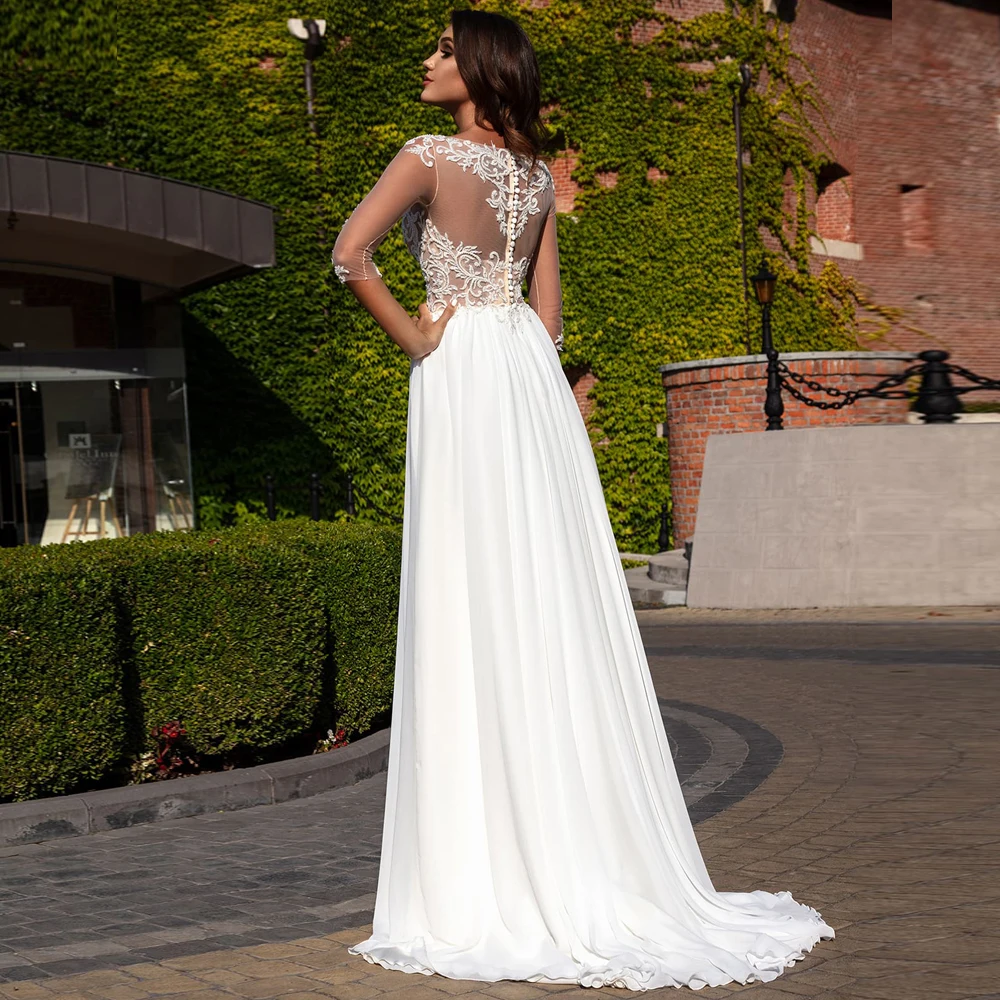 

Vestidos Sexy Wedding Dresses Chiffon Appliques Slide Split Scoop Full Sleeve Covered Button A-Line Bridal Gowns