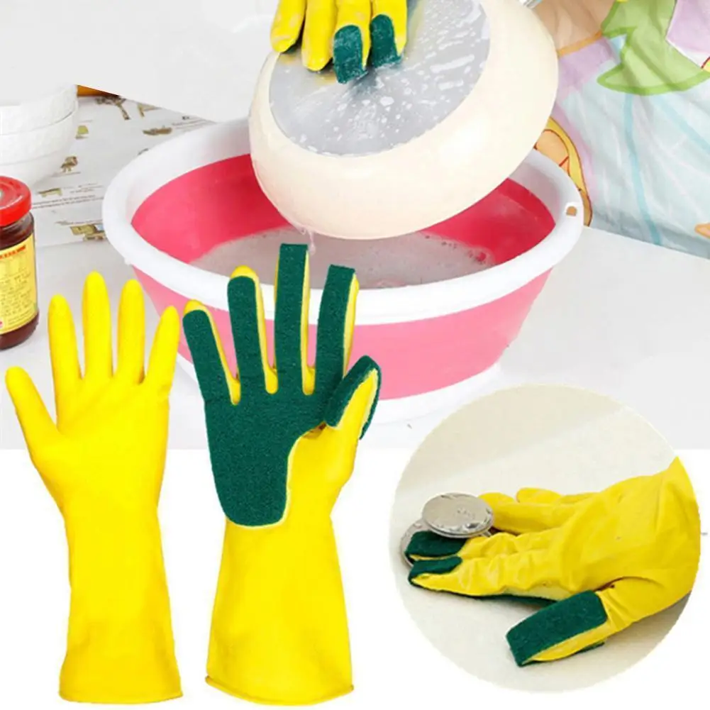 

1Pair Waterproof Kitchen Cleaning Glove Sponge Latex Household Dish Washing