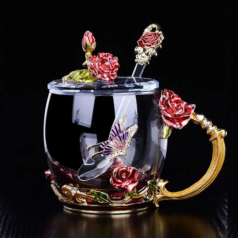 Water Cup Enamel Heat-resistant Glass Female Luo Shi Flower House Rose Tea Household Set Creative Gift Cups and | Дом и сад