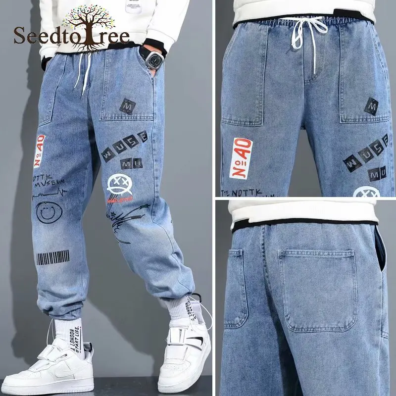 Printed Korean Men's Jeans Loose Denim S-5XL Large Size Casual Pants Hip Hop Cargo Pants Overalls