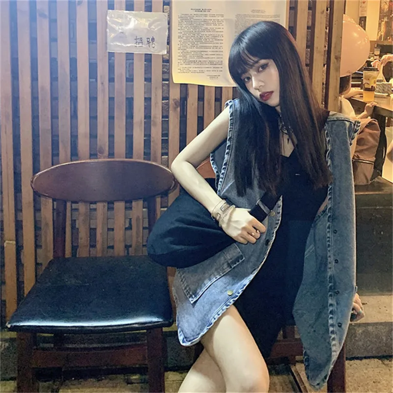

Women's Denim Vest New Spring Autumn Sleeveless Waistcoat Mid-Length Loose Casual Jeans Jackets Coats Female Tops Streetwear