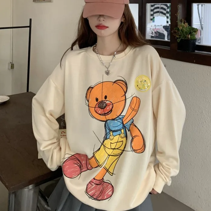 

Sweater hoodie women 2021 new autumn loose hip-hop front and rear bear print long-sleeved sweater women lazy top ins tide