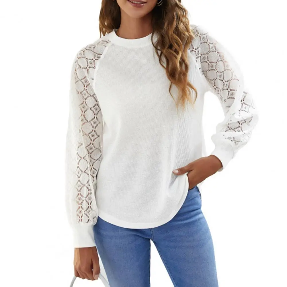 

fashion Women's Blouse 2021 Hollow Out Lace Patchwork Autumn Waffle Raglan Sleeve Solid Color Pullover Top women Streetwear