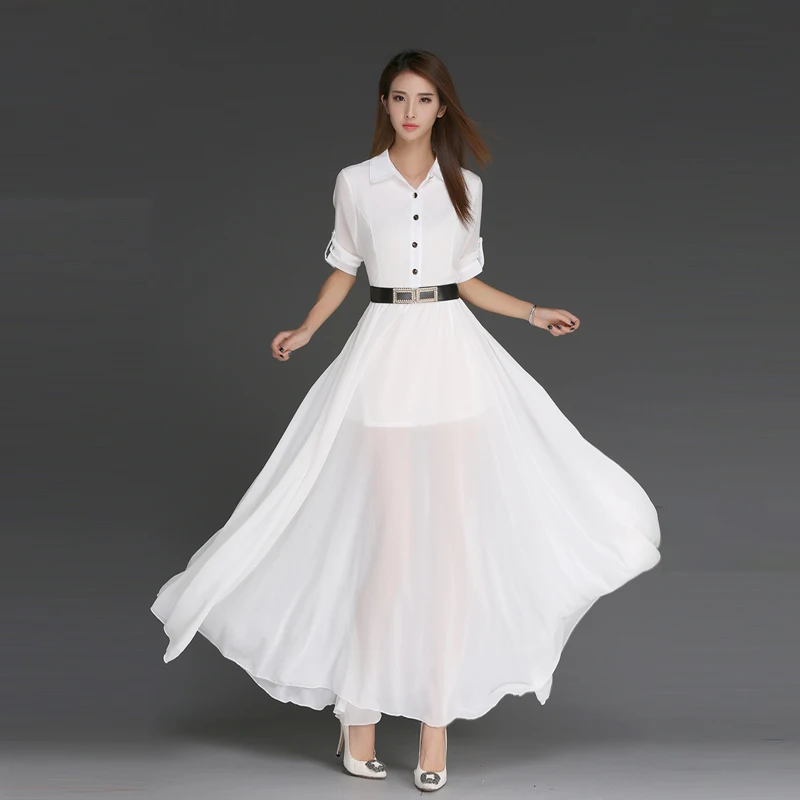 

Middle Sleeve White Shirt Dress 2021 Fashion Womens Vintage Solid Color Dresses OL Office Sexy Split Elegant Party Long Dress