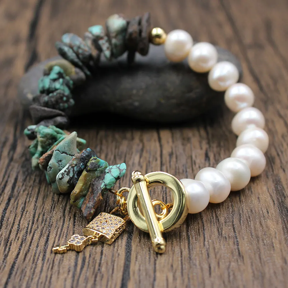 

GG Jewelry Natural Freshwater Cultured White Pearl Freedom Green Turquoise Bracelet CZ Lock Pendant For Women