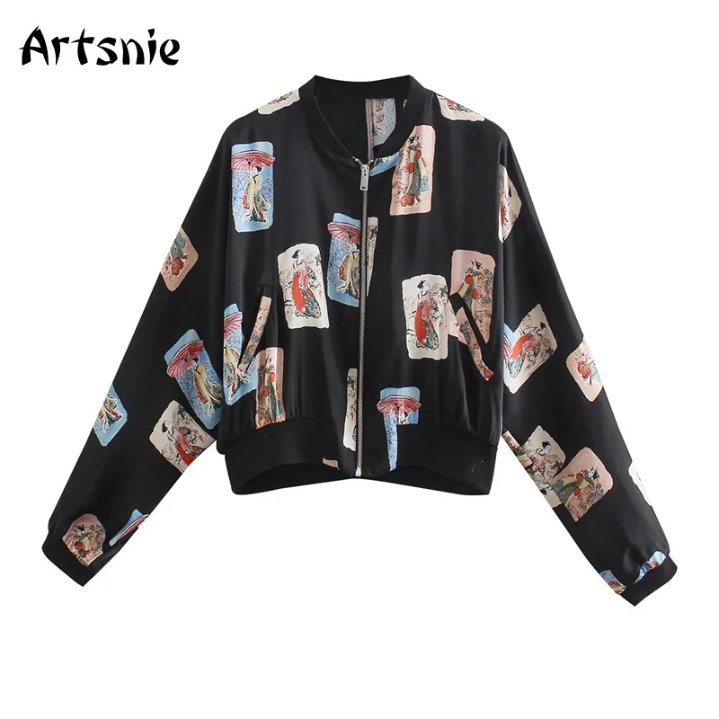 

Artsnie Character Cartoon Print Jacket Women Spring 2021 Zipper Long Sleeve Coats Streetwear Casual Black Ladies Bomber Jackets