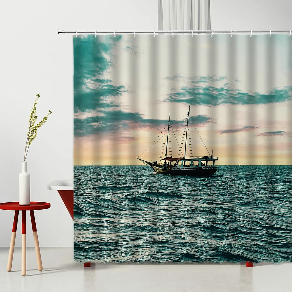 

Landscape Sea Blue Sky Baiyun Shower Curtain Navigation Ferry Bathtub Decor Waterproof Polyester Fabric Bedroom Curtain