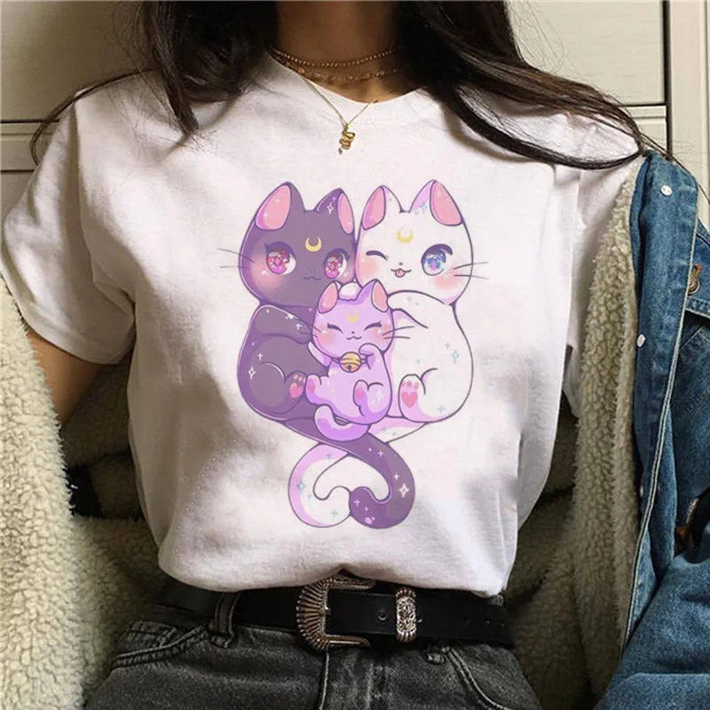 

Women Long Sleeve CDR Cute Cartoon Cat Sailor Moon T-shirt Japanese Anime AOWOF Ladies Sailor Moon Costume Girl Warrior T-shirt